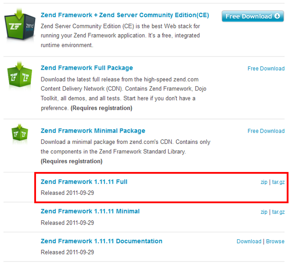 Zend Framework lista de download