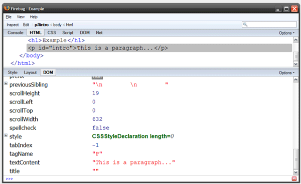 DOM Element properties, in the Firebug addon for Firefox