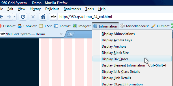 web developer toolbar's display div order command chosen